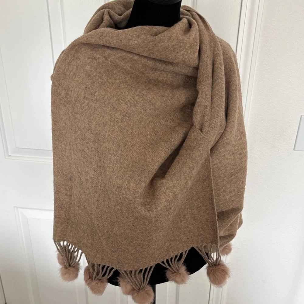 Wool Blend Brown Scarf Wrap with Pom Pom Trim